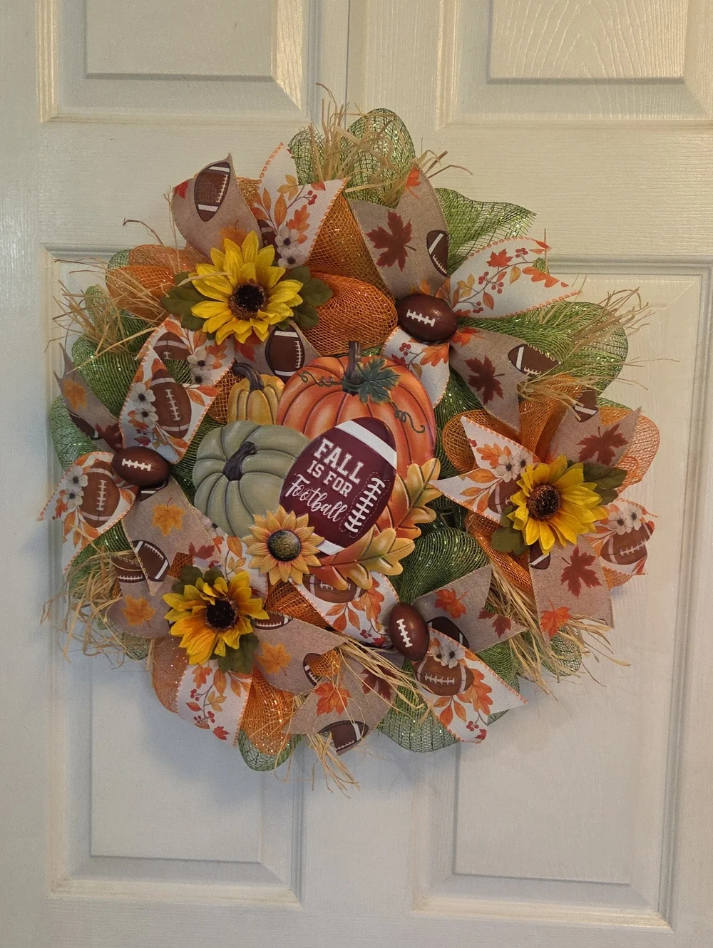 Autumn Football Wreath, Fall Door Decor With Sunflowers , Pumpkins , & Footballs